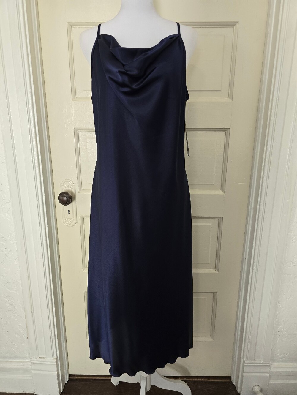 NEW Bebe Navy Satin Cowl Neck Midi Dress